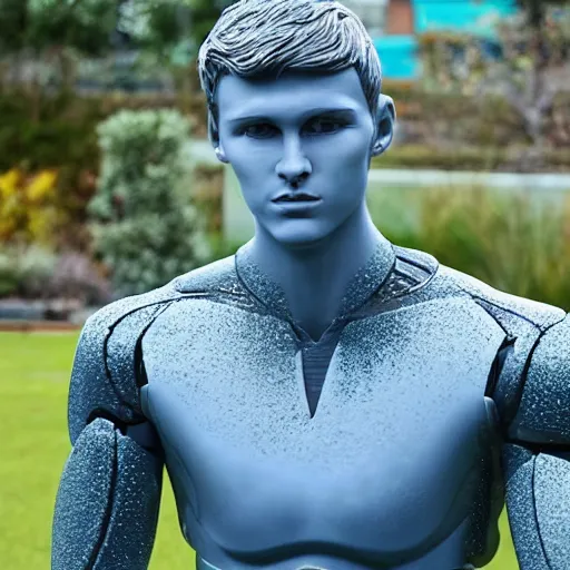 Image similar to a realistic detailed photo of a guy who is an attractive humanoid who is half robot and half humanoid, who is a male android, soccer player martin ødegaard, shiny skin, posing like a statue, blank stare, by the pool, on display, showing off his muscles, humanoid robot, frozen ice statue