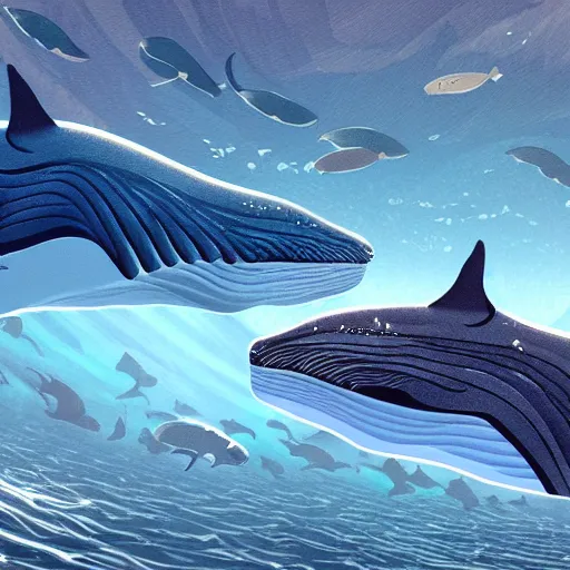 Prompt: Looking up at a pod of whales underwater, the sun shines through them, intricate, highly detailed, digital painting, artstation, concept art