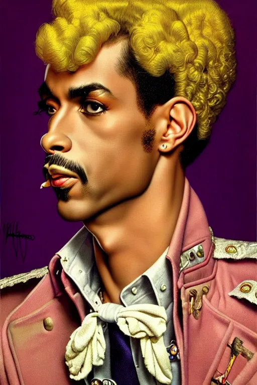 Image similar to prince rogers nelson portrait by gil elvgren and norman rockwell and rob gonsalves and hajime sorayama, hyperrealistic, high detail, ultra detailed, highly detailed face, ruffled fabric