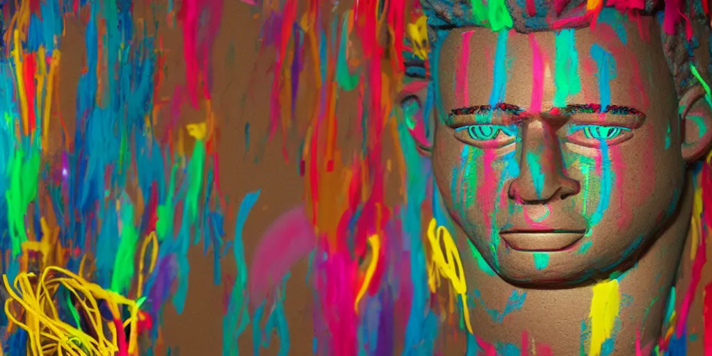Image similar to a perfect bust of Jean-Michel Basquiat made out of rainbow ethereal pipe cleaners, 3D cinematic lighting, 90 degree spotlighting, photorealism, octane render, depth of field, 8k, 35mm, artgem, Trending on artstation