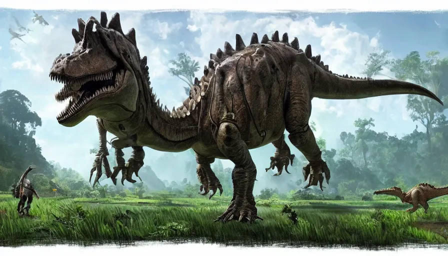 Image similar to A machinated dinosaur hybrid of a BEHEMOTH strolling along a lush green forest from the playstation 5 game Horizon:Zero Dawn world, the T-Rex is part machine part dinosaur, sci-fi concept art, highly detailed, oil on canvas by James Gurney