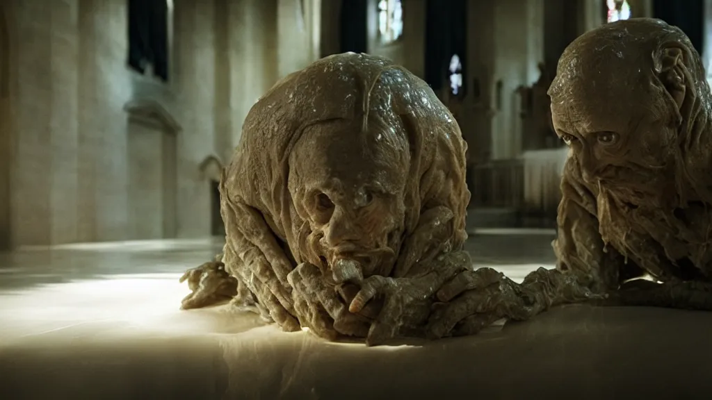 Image similar to the strange creature at church, made of wax and water, film still from the movie directed by Denis Villeneuve with art direction by Salvador Dalí, wide lens