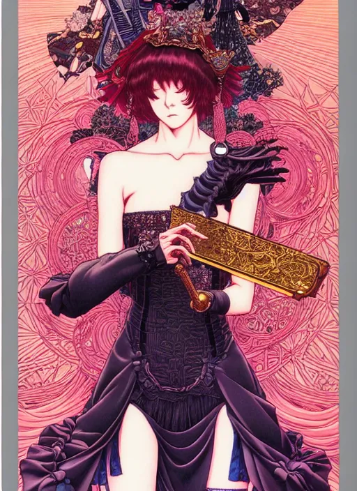 Image similar to highly detailed fate artstation katsuhiro otomo fluorescent fantastic fate manga poster of princess mechine, minaba hideo, takato yamamoto, long hair, armor, laces, ruffles, 8 k, maximalist, art nouveau,