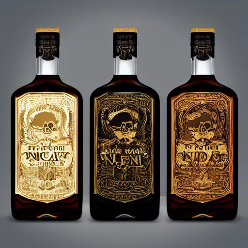 Prompt: pirate inspired rum packaging design, dark rum, gold foil, detailed, label and bottle, premium quality, front view, glass bottle, packaging design