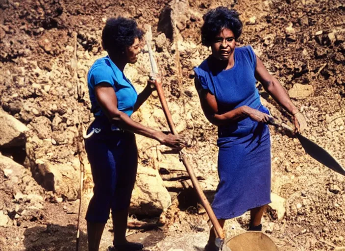 Prompt: 90's professional color photograph, A very muscular miner black woman in blue, short black hair, wielding a pickaxe in the mine.