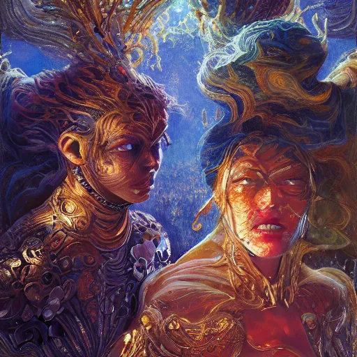 Prompt: men and women in expansive suite and dress changing they each other heads, collapse, colour splashes, wide angle, extremely high details quality, bao phan, viktor safonkin, bruce pennington, larry elmore, intricate, hyperrealistic oil painting on canvas, deep depth field, hd, hdr, 4 k, 8 k