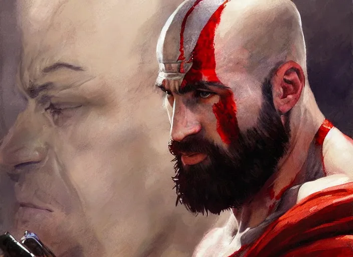 Prompt: a highly detailed beautiful portrait of chris evans as kratos, by gregory manchess, james gurney, james jean