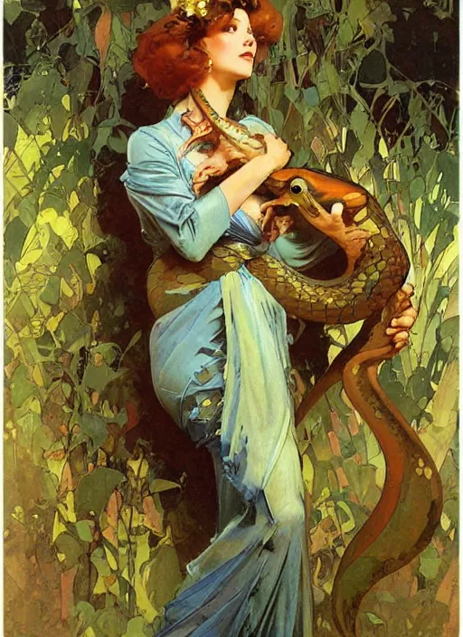 Image similar to an art nouveau copic maker impresionist painting of a woman holding a snake by john berkey by stanley artgerm lau, alphonse mucha, loish, norman rockwell