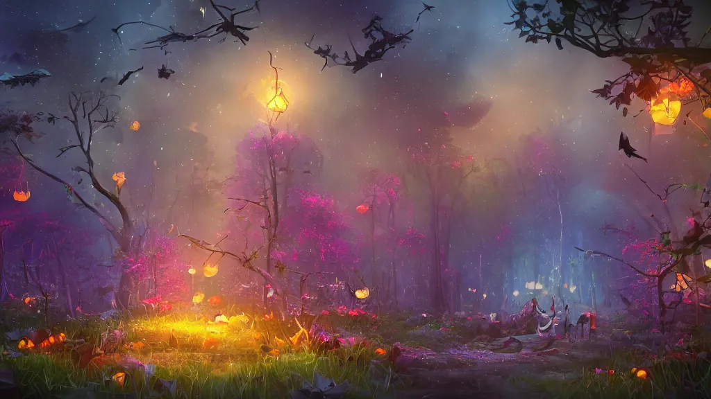 Image similar to candy forest, cinematic scene, studio lighting, low poly, colorful, fantasy, fireflies, flowers, halloween, fairytale, ( matte painting, concept art, medium shot, trending on artstation )