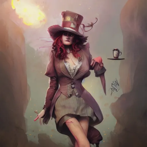 Prompt: realistic, full body portrait, attractive trashy female mad hatter, by Jordan Grimmer and greg rutkowski, crisp lines and color,