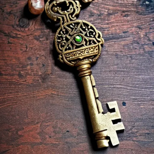 Prompt: a large ornate key with gems and engraved runes, next to a candle on a rough wooden dungeon table, very dark, candlelig, d & d, photo