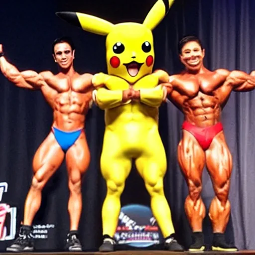 Prompt: Pikachu wins a bodybuilding contest