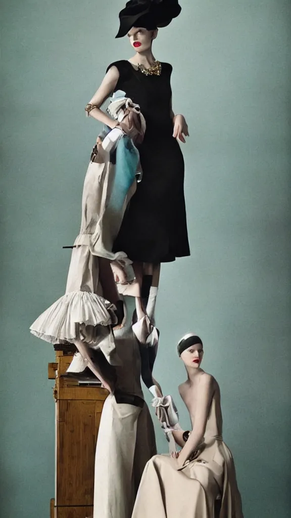 Prompt: Editorial photoshoot for Vogue Italy, haute couture, vintage inspired, cinematic, inspired by the paintings of Edward Hopper and René Magritte photographed and lensed by Tim Walker