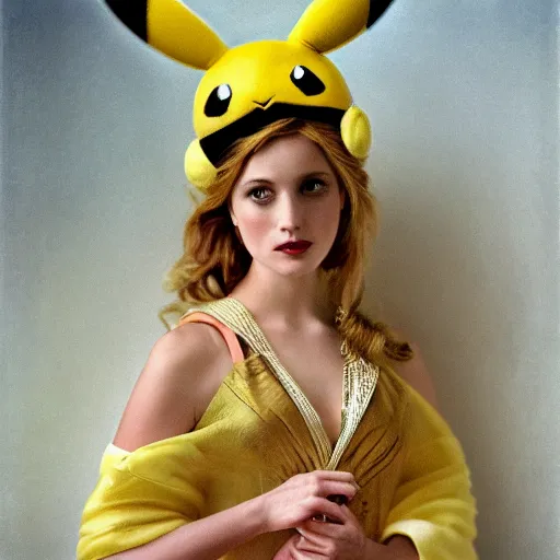 Image similar to elegant woman dressed up as pikachu, art photo by Annie Liebovitz and Alphonse Mucha