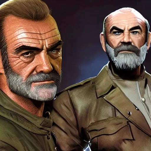 Image similar to sean connery as big boss, white hair, eye patch dim lighting