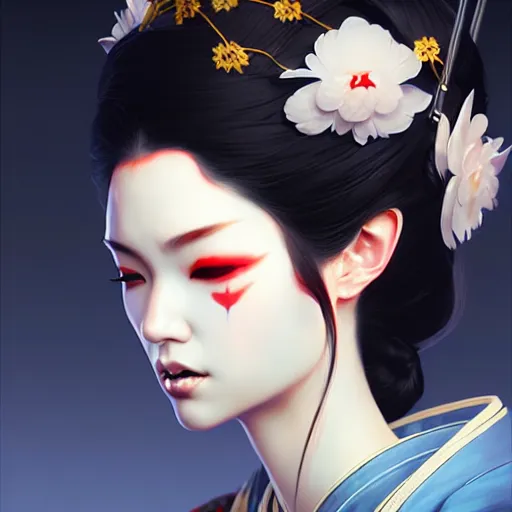 Image similar to pretty geisha, d & d digital painting, ultra realistic, beautiful, volumetric lighting, cell shading, by james jean, greg rutkowski, wlop