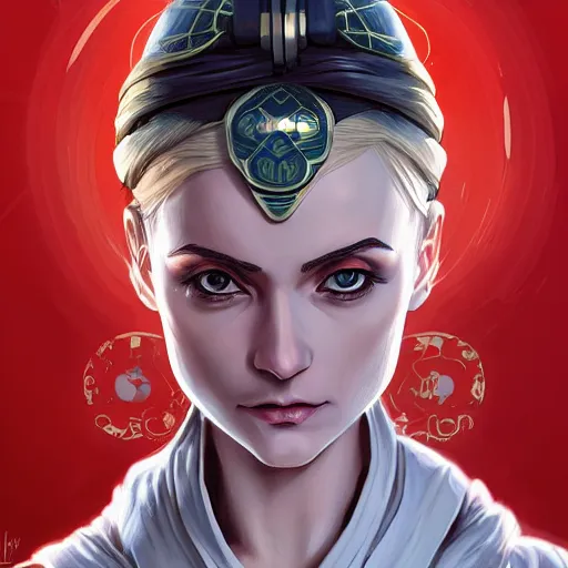 Prompt: germanic female, jedi master, wearing the traditional jedi robe, beautiful and uniquely odd looking, detailed symmetrical close up portrait, intricate complexity, in the style of artgerm and ilya kuvshinov, magic the gathering, star wars art