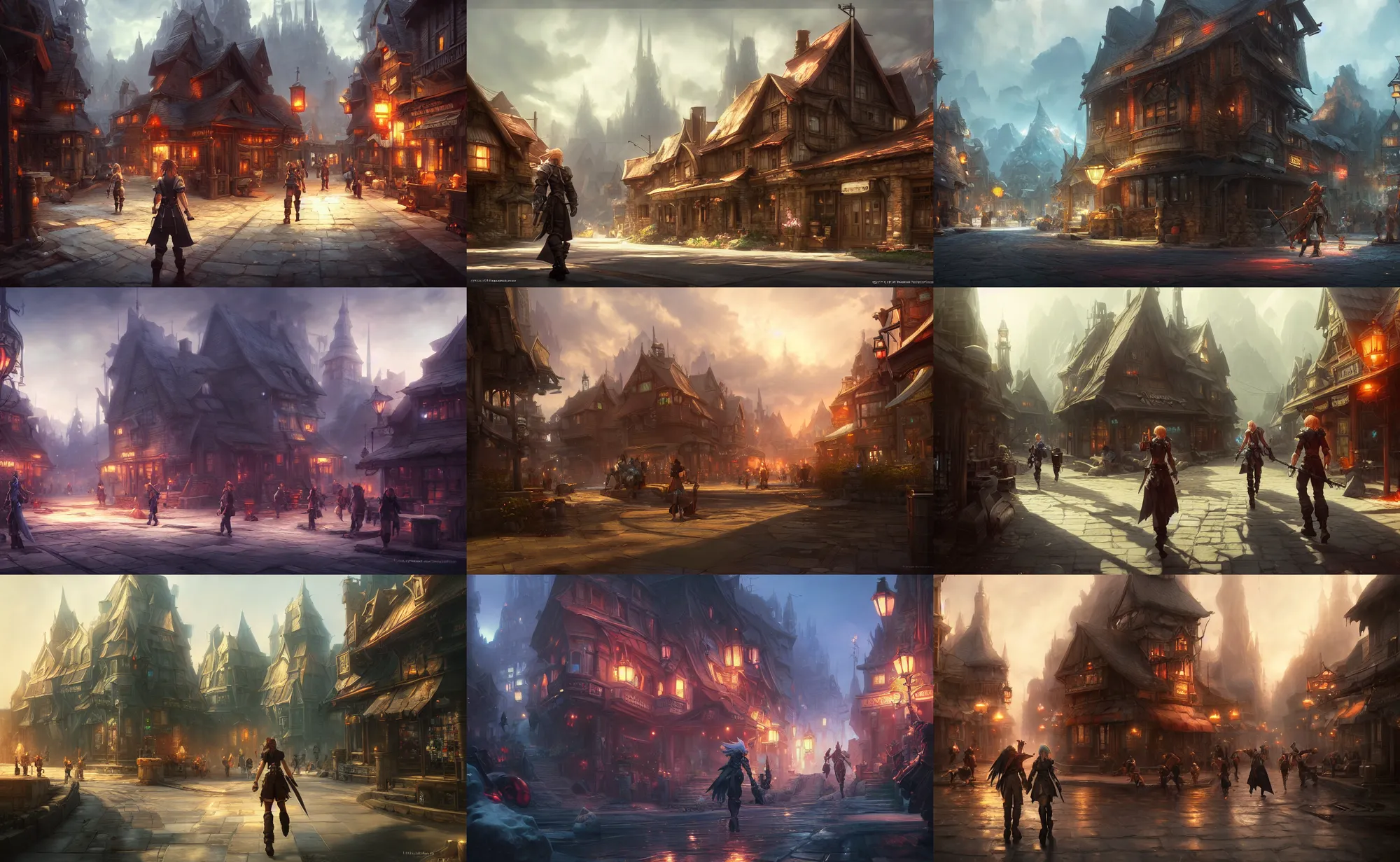 Prompt: raymond swanland and andreas rocha and james gurney and artstation detailed digital art of a final fantasy town, cinematic composition, unreal engine, hyper realism, realistic shading, blender render, octane render, detailed textures, very wide shot