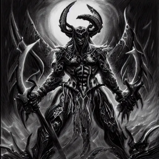 Image similar to illidan stormrage engraving, ink, black and white