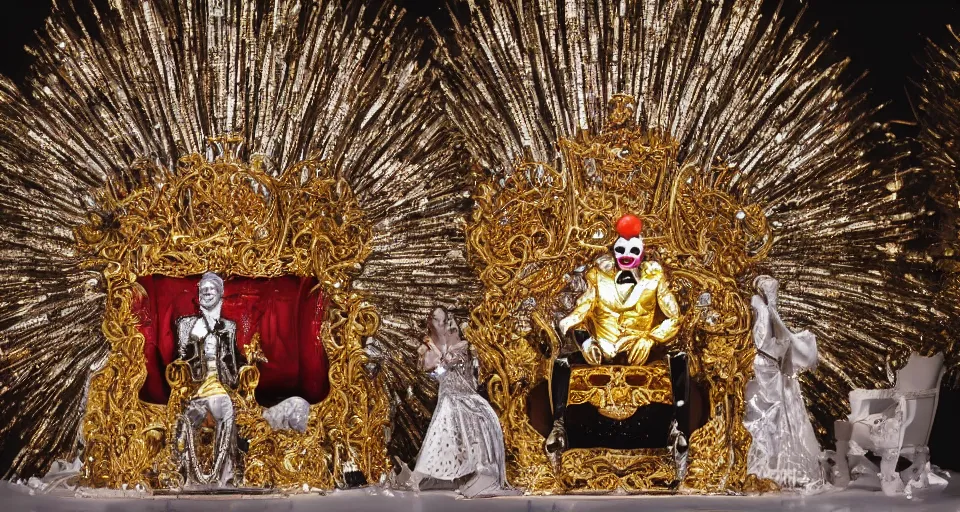 Prompt: shining majestic throne made of millions of diamonds, gold and zaphires with thousands of light reflections, and a clown on a suit is sitting on the throne while handing a globe, cartoon style, dramatic light