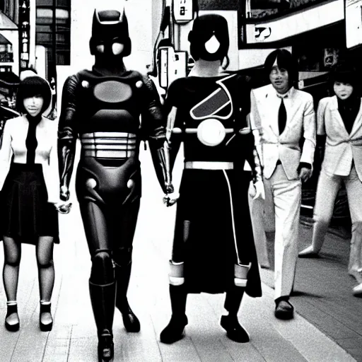 Image similar to japanese 70s black and White TV show, Photorealistic, cyborg superheroes walking the streets of Shinjuku