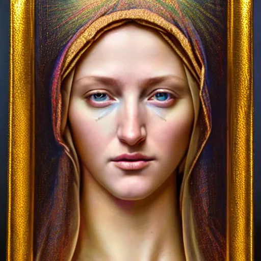 Image similar to hyperrealistic mixed media painting of beautiful Virgin Mary, stunning 3d render inspired art by P. Craig Russell and Barry Windsor-Smith, perfect facial symmetry, dim volumetric lighting, full full full full face face face face face 8k octane beautifully detailed render, headpiece headpiece headpiece, post-processing, portrait, extremely hyper-detailed, intricate, epic composition, brown brown brown eyes eyes eyes eyes, realistic realistic realistic eyes, cinematic lighting, masterpiece, trending on artstation, detailed detailed detailed, masterpiece, stunning