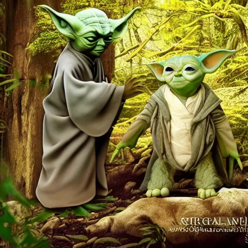 Image similar to stunning awe inspiring, many members of yoda's species interacting with strange creatures and performing rituals, award winning nature photo, 8 k