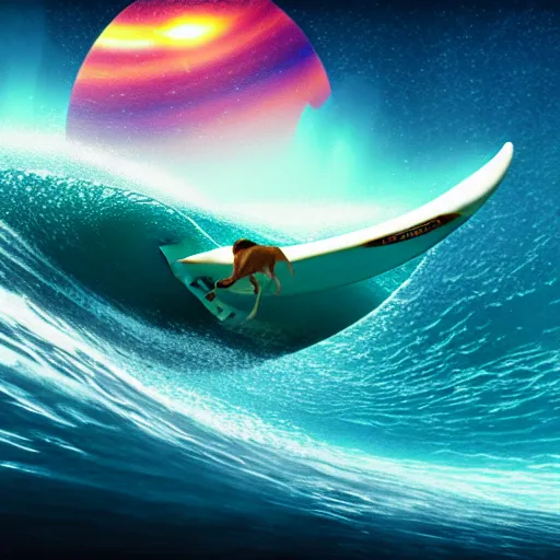 Image similar to photo of a beagle surfing a surfboard on a crashing l wave of alien ocean in space, background is an alien galaxy, aliens in the background, alien colors, octane render, unreal engine, wide view, 8 k, high detaild