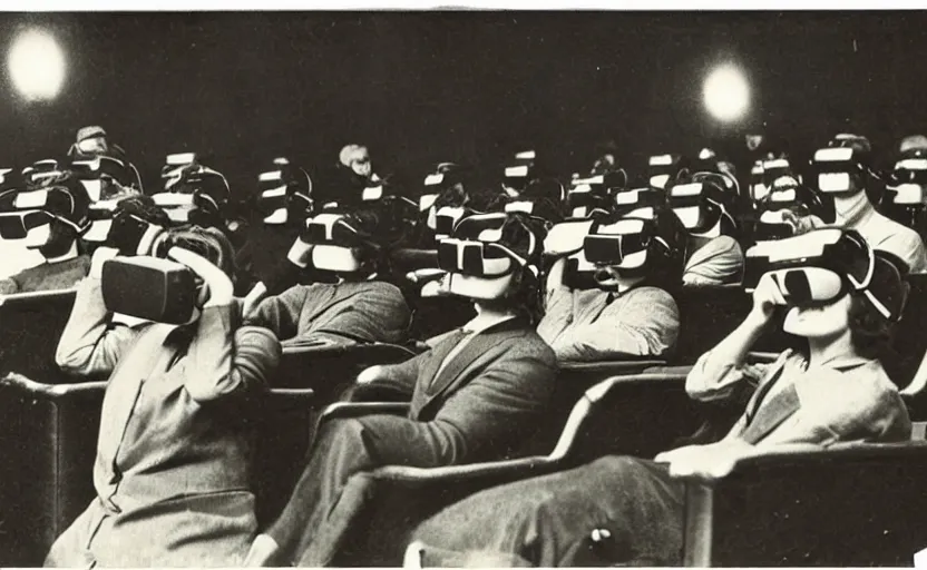 Image similar to 1 9 0 0 s photo of people wearing virtual reality headsets vr in a movie theater masterpiece old photograph