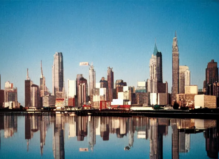 Image similar to retro color photo of a city skyline in the 8 0's. reflections in the water