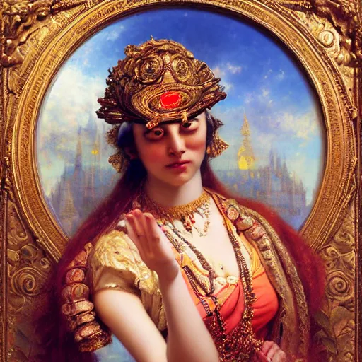 Prompt: detailed full body of hindu traditional woman blindfolded high - tech vr headset in baroque style, girl graceful,, painting by gaston bussiere, craig mullins, j. c. leyendecker, lights, art by ernst haeckel, john william godward, hammershøi,,