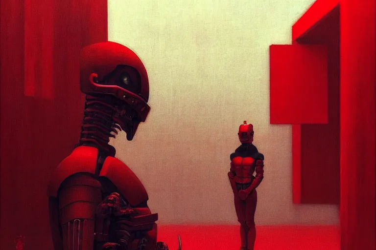 Image similar to only with red, a red cyborg samurai, tokio futuristic in background, some evil yokai, in the style of beksinski, parts by edward hopper, parts by rodcenko, parts by yue minjun, intricate and epic composition, red by caravaggio, insanely quality, highly detailed, masterpiece, red light, artstation, 4 k