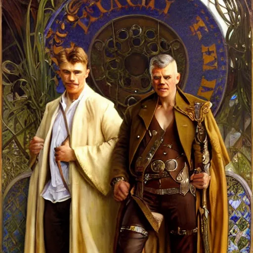 Image similar to manly arthur pendragon and manly merlin. focus on their faces. natural lighting. highly detailed painting by gaston bussiere, j. c. leyendecker, alphonse mucha, greg rutkowski, 8 k