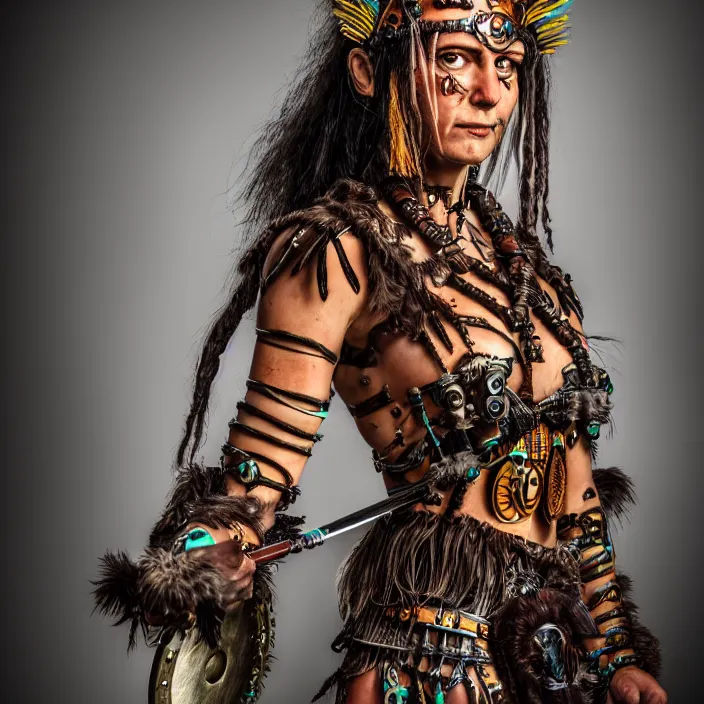 Prompt: full length portrait photograph of a real-life beautiful clockpunk amazon warrior. Extremely detailed. 8k