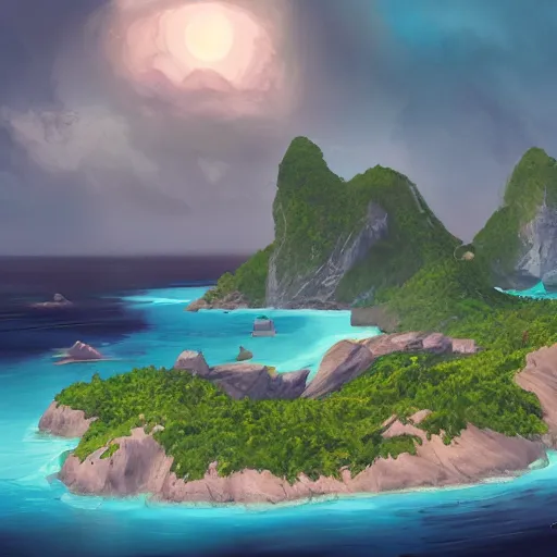 Image similar to a tropical archipelago of three large islands surrounded by a ring of other islands and mountains, fantasy art, cinematic volume lighting, 4k, illustration, epic scene, trending on artstation, art by Sebastian Luca