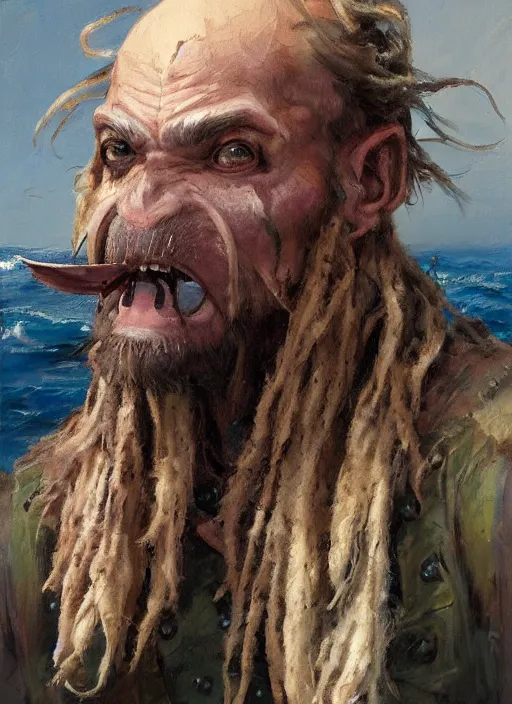 Prompt: portrait of a goblin pirate, gritty, fantasy character portrait, ocean background, artwork by Jeremy Lipkin and Giuseppe Dangelico Pino and Michael Garmash and Rob Rey, very coherent asymmetrical artwork, sharp edges, perfect face, simple form