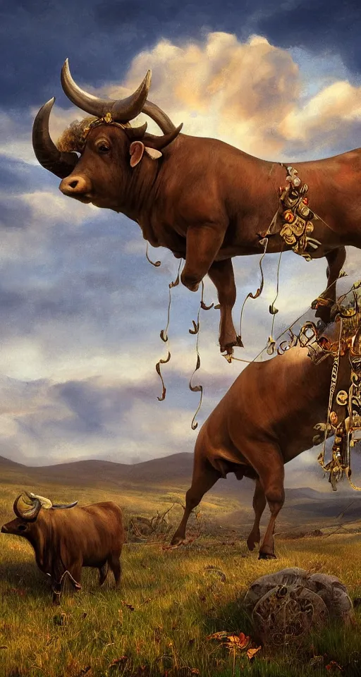 Prompt: a medium shot of a giant bull with horns decorated!!! with bells and ribbons, background is the spiral stairs heading to sky, in the steppe, autumn field, misty background, from the game pathologic 2, highly detailed, sharp focus, matte painting, by rosa bonheur, by isaac levitan and asher brown durand,