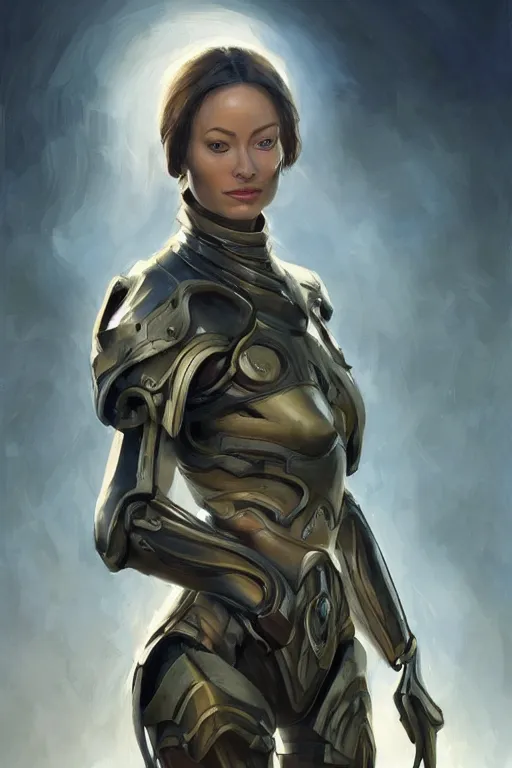 Image similar to a professional painting of a young Olivia Wilde, clothes in military armor, olive skin, long dark hair, beautiful bone structure, symmetrical facial features, intricate, elegant, digital painting, concept art, smooth, sharp focus, illustration, from StarCraft by Ruan Jia and Mandy Jurgens and Artgerm and William-Adolphe Bouguerea