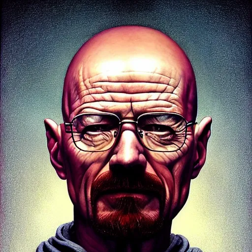 Image similar to walter white having an ego trip, by alex grey, by Esao Andrews and Karol Bak and Zdzislaw Beksinski and Zdzisław Beksiński, trending on ArtStation