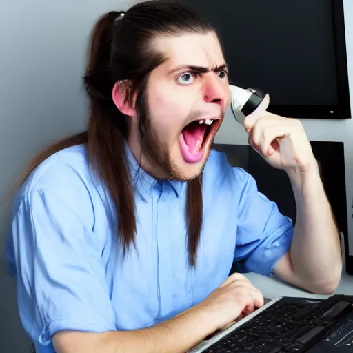 Prompt: Programmer nerd screaming at the computer, long hair and ponytail, realistic photo