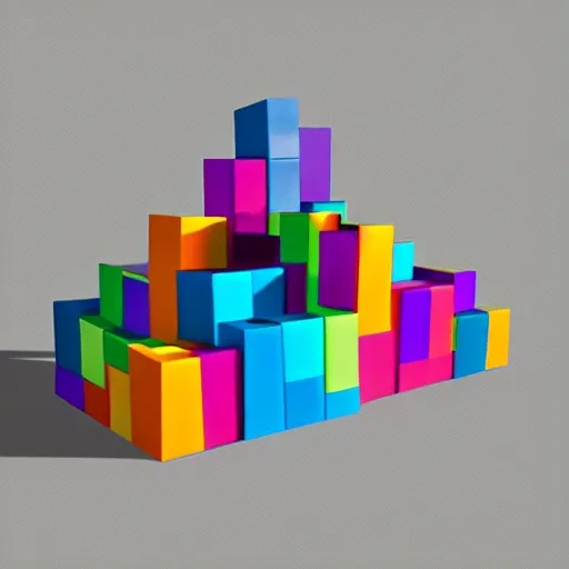 Prompt: an axonometric isometric photo of a stack of multi coloured individual resin blocks. the blocks are made of a satin resin. photorealistic, architectural model, octane render, path tracing