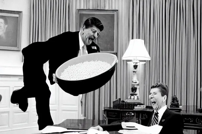 Image similar to 1 9 8 5 black and white photograph of ronald reagan dumping a huge bowl of jelly beans into his gaping maw, in the oval office