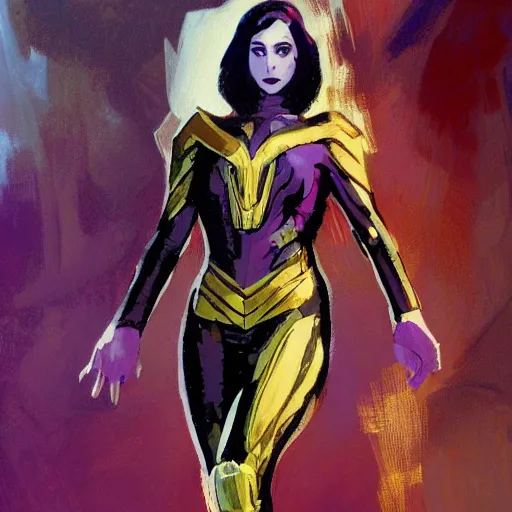 Image similar to alison brie as thanos, intricate, elegant, highly detailed, greg manchess, mucha, liepke, ruan jia, jeffrey catherine jones, ridley scott