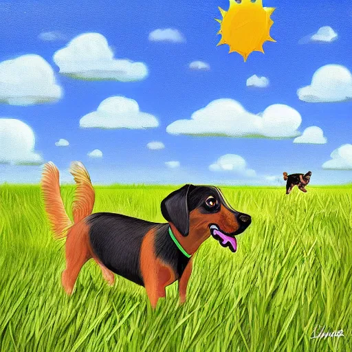 Prompt: dogs, playing, open field, happy, sunshine, grass, digital art, summer, dachshund, chihuahua