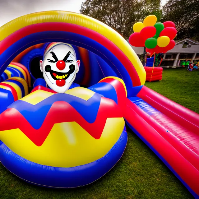 Prompt: , chased by a scary clown in an infinite liminal space made of bouncy castle, highly detailed, 8 k, hdr, smooth, sharp focus, high resolution, award - winning photo