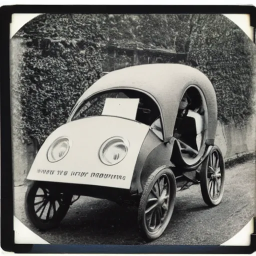 Image similar to polaroid photo of the first ever car produced with people sitting inside of it wearing 1800s clothing.