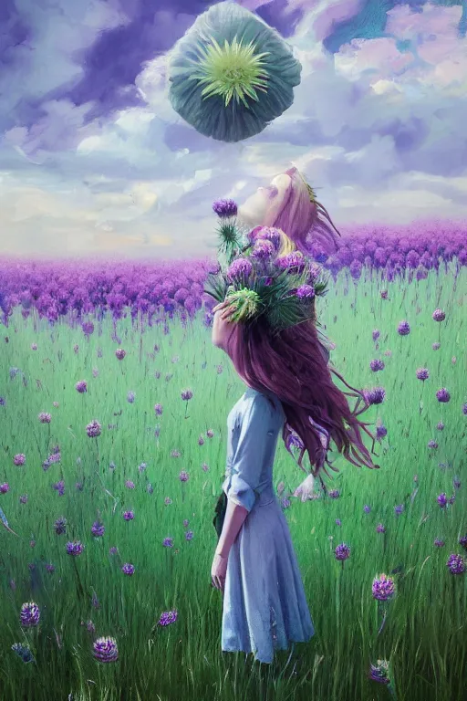 Image similar to portrait, huge thistle flower under head, a girl in a suit in field of flowers, surreal photography, sunrise, blue sky, dramatic light, impressionist painting, digital painting, artstation, simon stalenhag