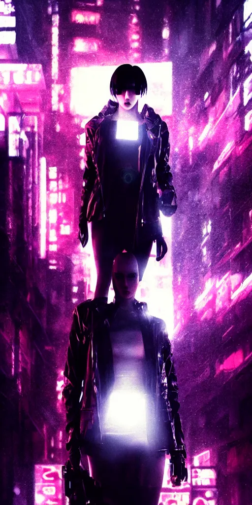 Image similar to high fashion poster clothing design photographic, majiec kuciara, cyberpunk blade runner, volumetric light, floodlight, ambient, street, dark, neon lights, artstation, high contrast, 4 k detailed