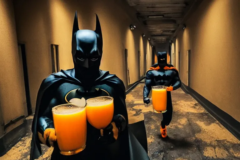 Image similar to batman covered in lots of orange juice offering free beer, chasing through old brown decrepit hallway, creepy smile, atmospheric eerie lighting, dim lighting, bodycam footage, motion blur, blurry photography