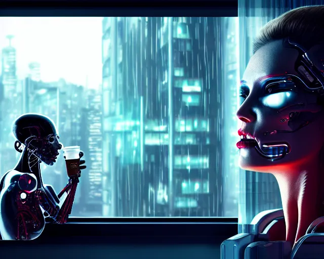 Prompt: a terminator cyborg lady with borg implants and optical fibers is drinking coffee near a window with dystopian city visible outside. very detailed 8 k. horror cyberpunk style.